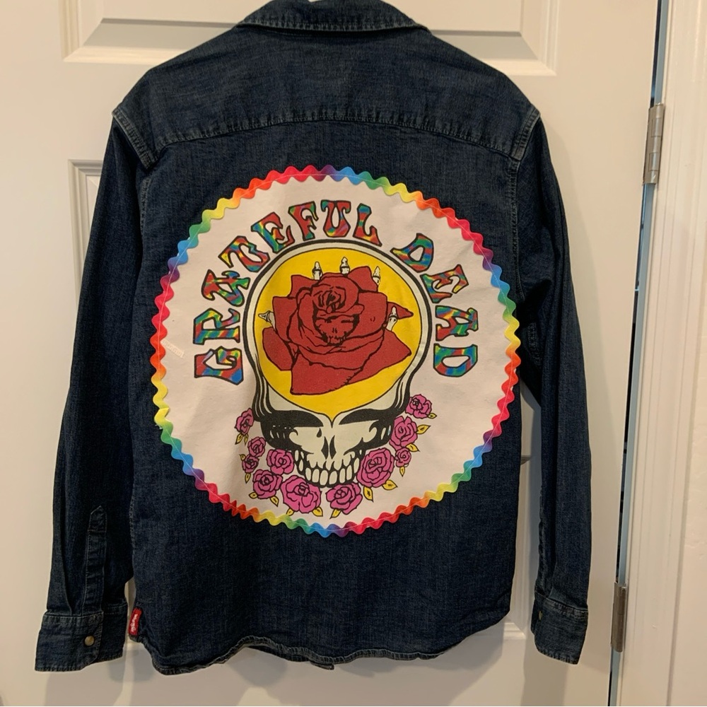 Men’s Custom Wrangler Denim Grateful Dead Upcycled Pearl Snap Western Band Shirt